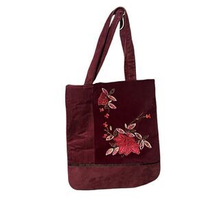 Beautiful Vintage red burgundy velvet suede corduroy tote with bead embroidery,